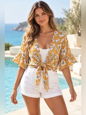 True Destiny Mustard Floral Tie-Front Ruffle Sleeve Cropped Top
Size S